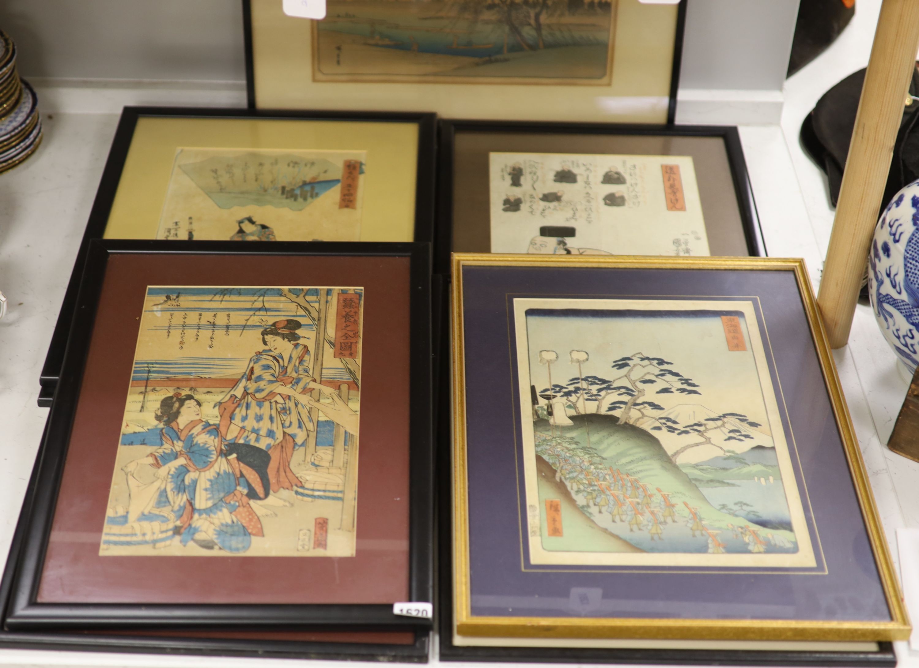 Japanese School, eight assorted woodblock prints including works by Kuniyoshi and Hiroshige, largest 37 x 24cm